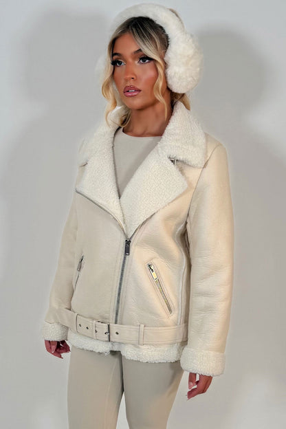 Aviator Jacket With Shearling Detail Beige