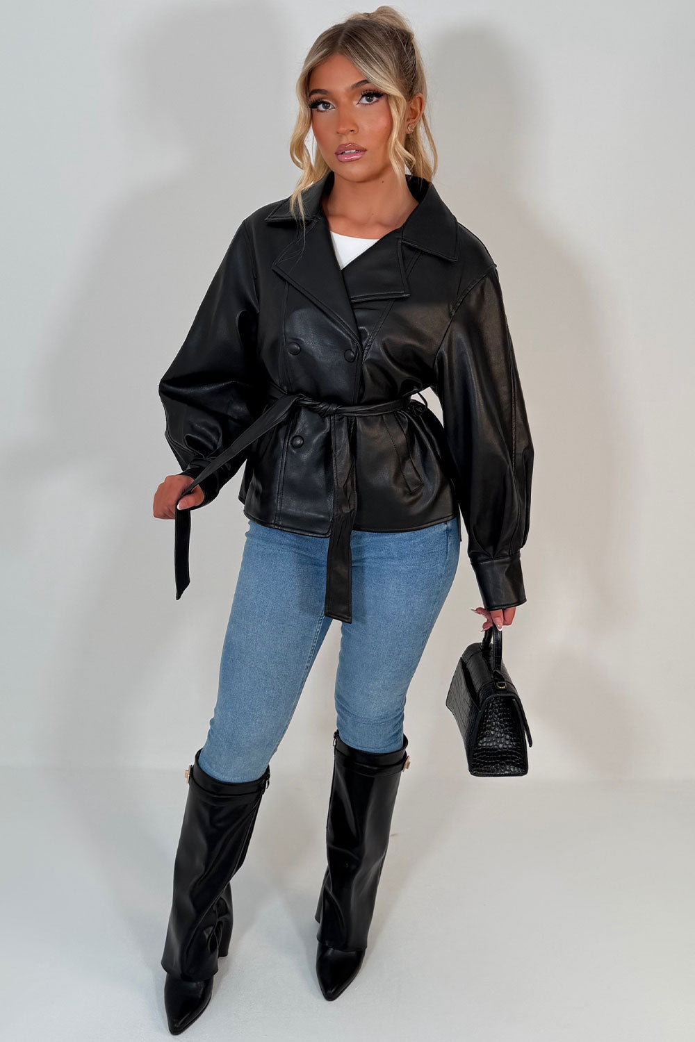 Leather Effect Jacket With Lapel Collar And Belt Black