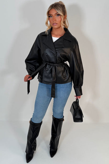 Leather Effect Jacket With Lapel Collar And Belt Black