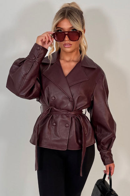 Leather Effect Jacket With Lapel Collar And Belt Burgundy