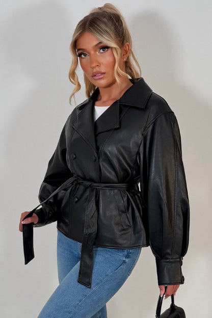 Leather Effect Jacket With Lapel Collar And Belt Black