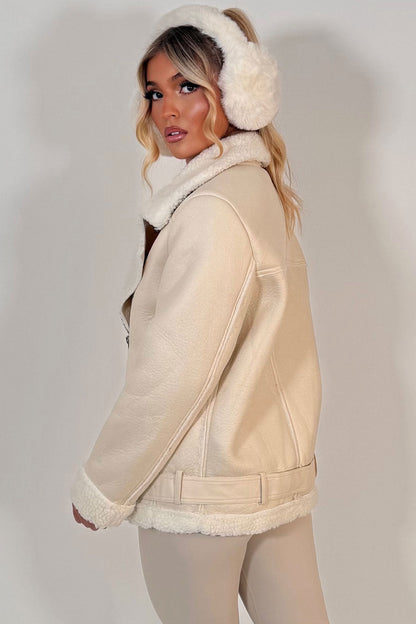 Aviator Jacket With Shearling Detail Beige