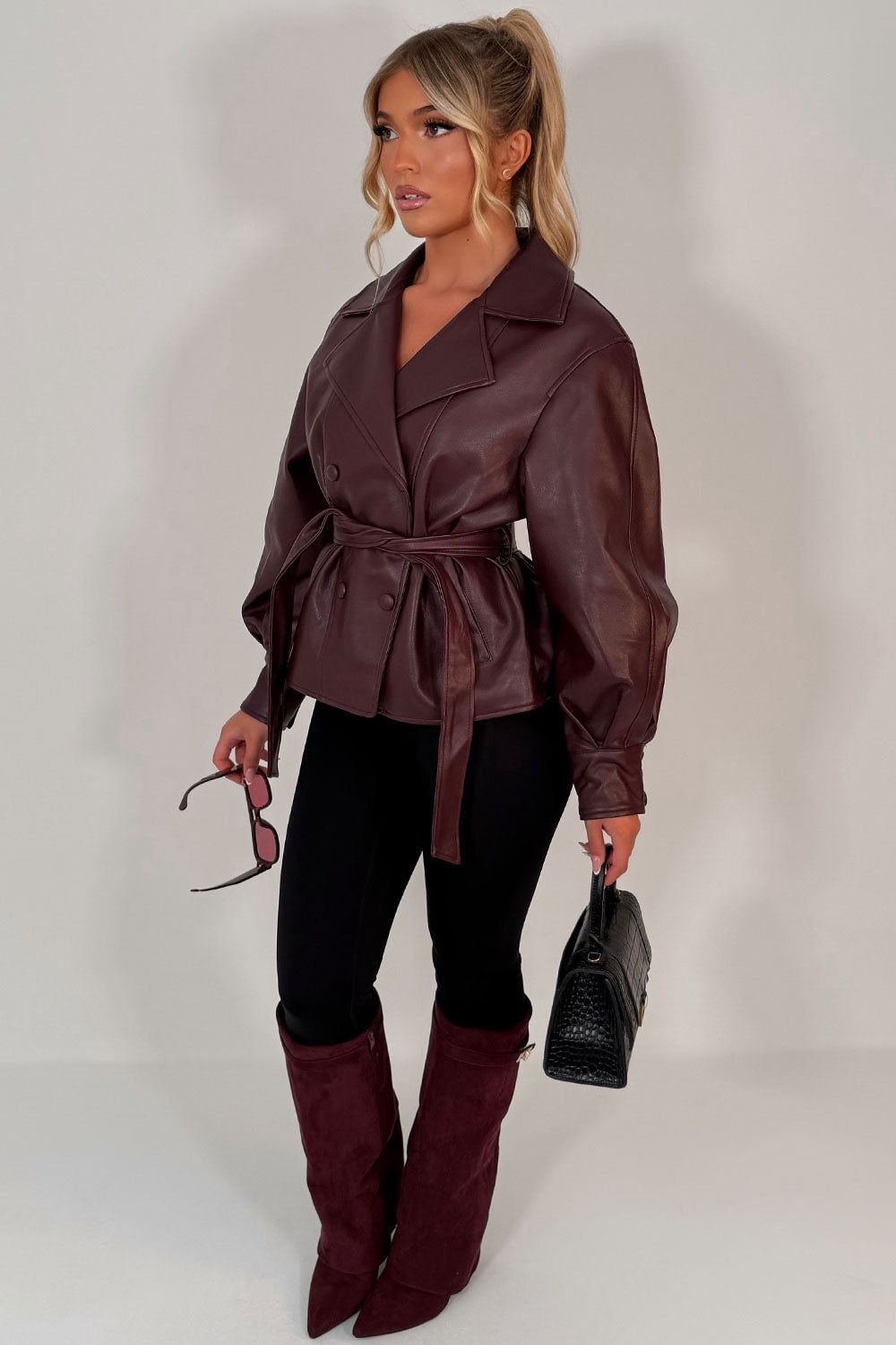 Leather Effect Jacket With Lapel Collar And Belt Burgundy