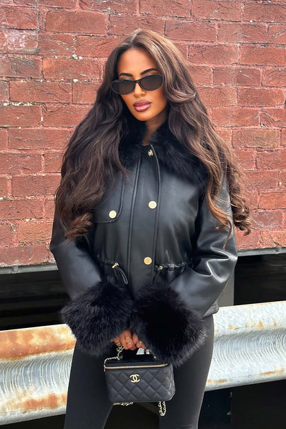 Black Faux Leather Jacket With Faux Fur Collar Cuff & Adjustable Waist