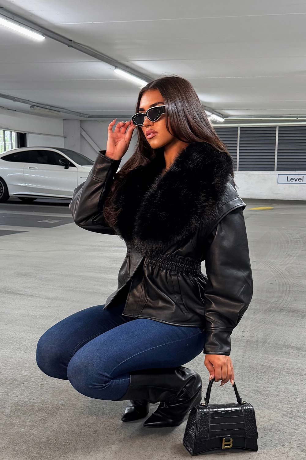 Black Fur Collar Faux Leather Jacket With Cinched Waist