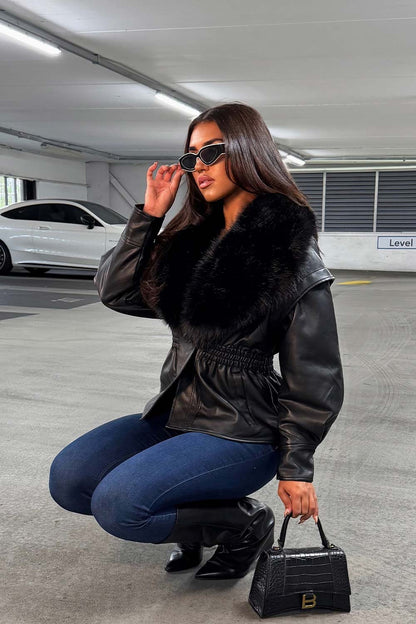 Black Fur Collar Faux Leather Jacket With Cinched Waist