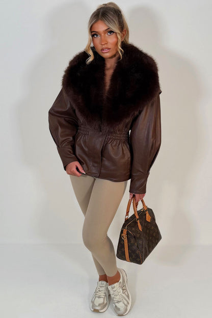 Brown Fur Collar Faux Leather Jacket With Cinched Waist