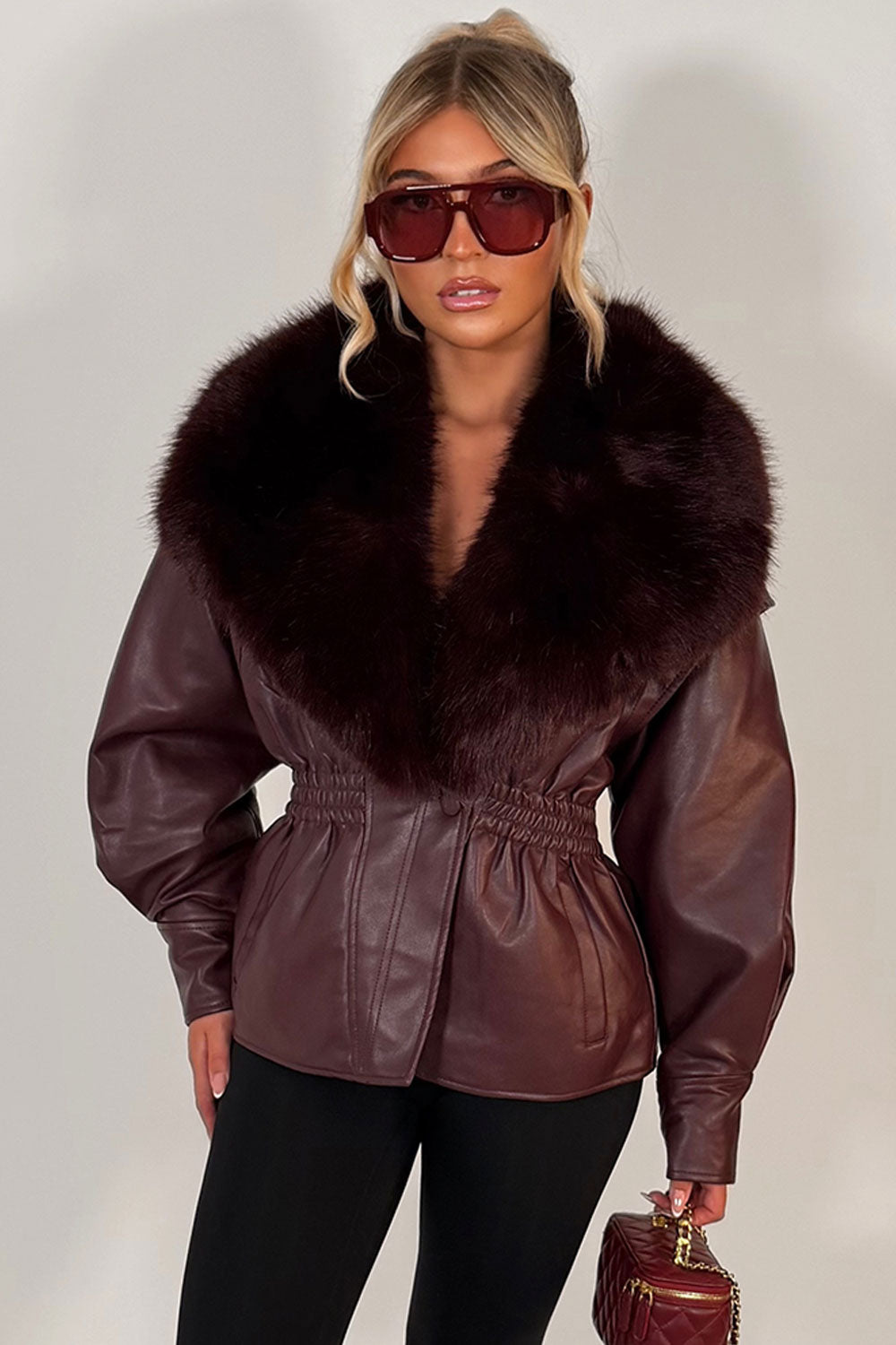 Burgundy Fur Collar Faux Leather Jacket With Cinched Waist