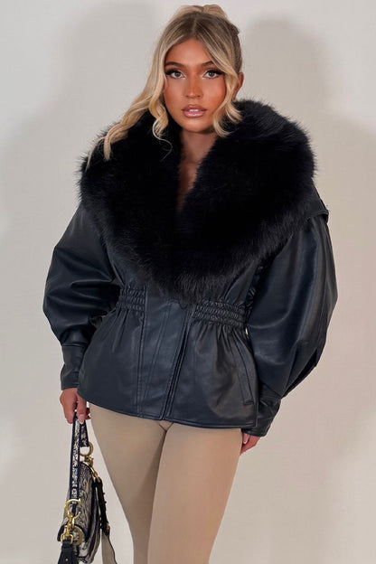 Navy Fur Collar Faux Leather Jacket With Cinched Waist