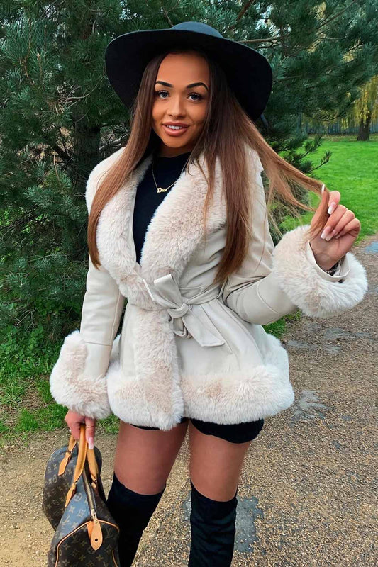 Faux Leather Faux Fur Belted Jacket Cream