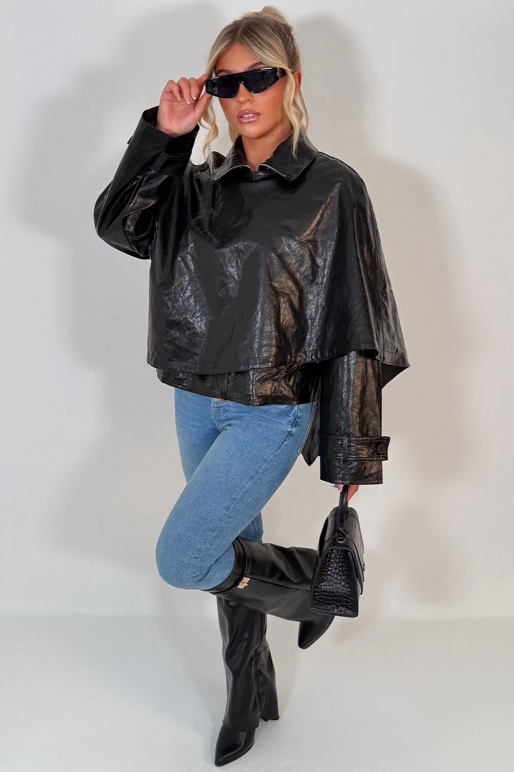 Black Faux Leather Jacket With Scarf Detail