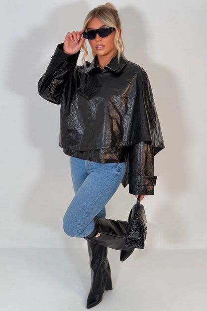 Black Faux Leather Jacket With Scarf Detail