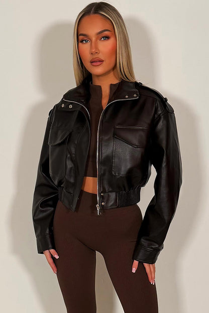 Faux Leather Jacket With Shoulder Tabs Brown