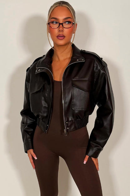 Faux Leather Jacket With Shoulder Tabs Brown