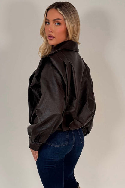 Brown Faux Leather Funnel Neck Bomber Jacket