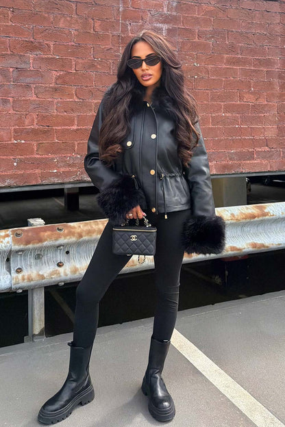 Black Faux Leather Jacket With Faux Fur Collar Cuff & Adjustable Waist
