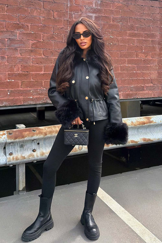 Black Faux Leather Jacket With Faux Fur Collar Cuff & Adjustable Waist