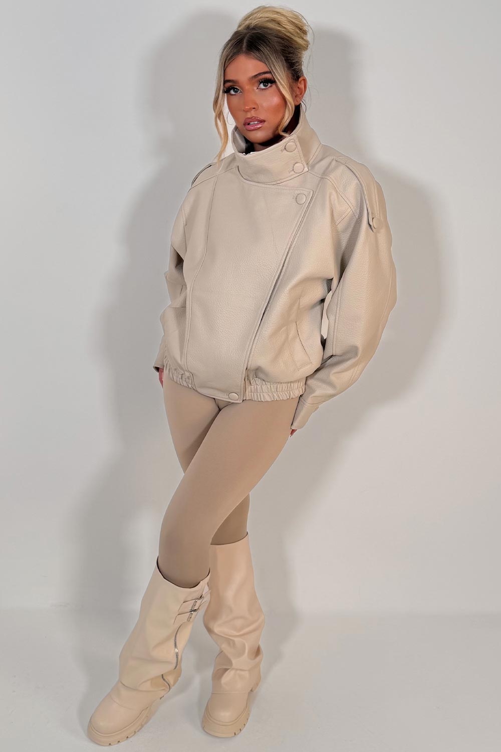Faux Leather Funnel Neck Jacket Beige