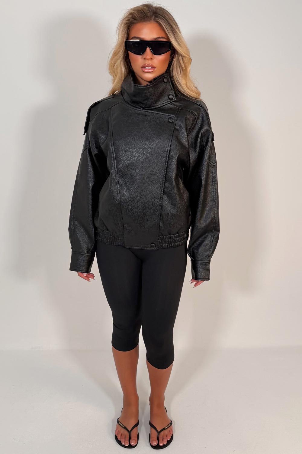 Black Faux Leather Funnel Neck Jacket