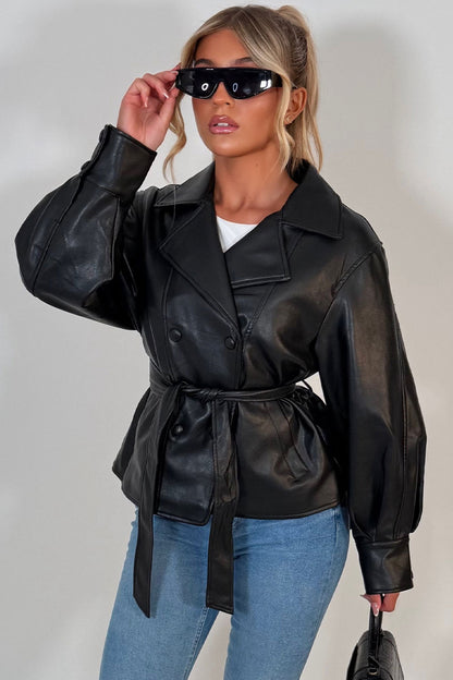 Leather Effect Jacket With Lapel Collar And Belt Black