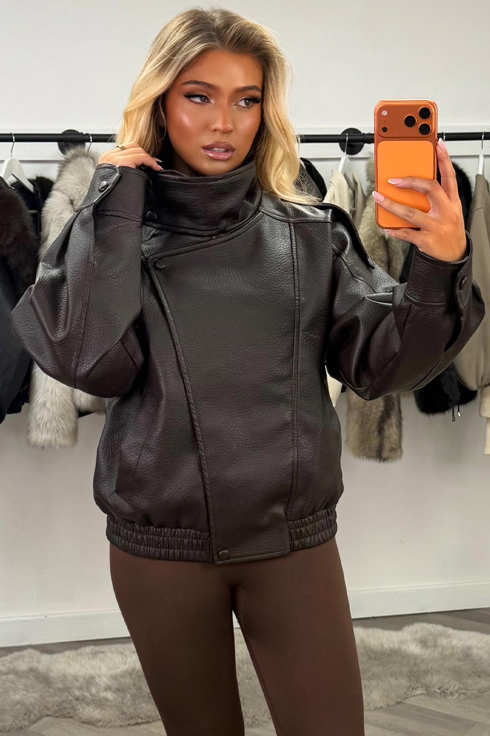 Faux Leather Funnel Neck Jacket Brown