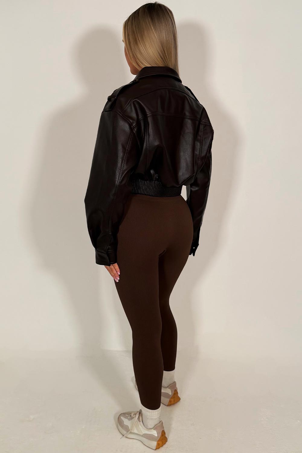 Faux Leather Jacket With Shoulder Tabs Brown
