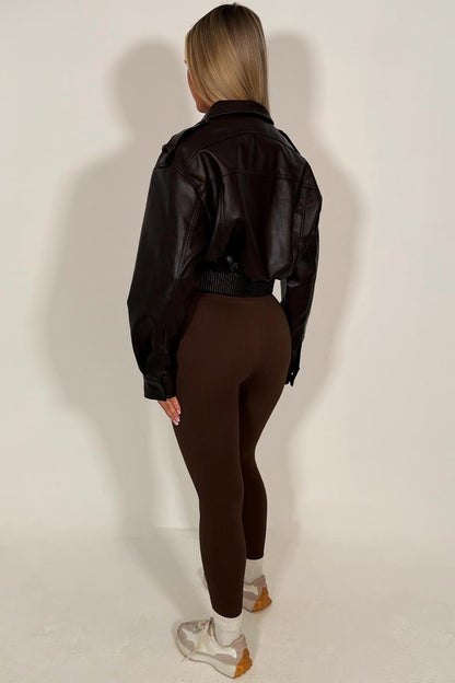 Faux Leather Jacket With Shoulder Tabs Brown