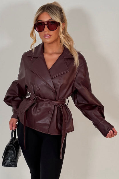 Leather Effect Jacket With Lapel Collar And Belt Burgundy