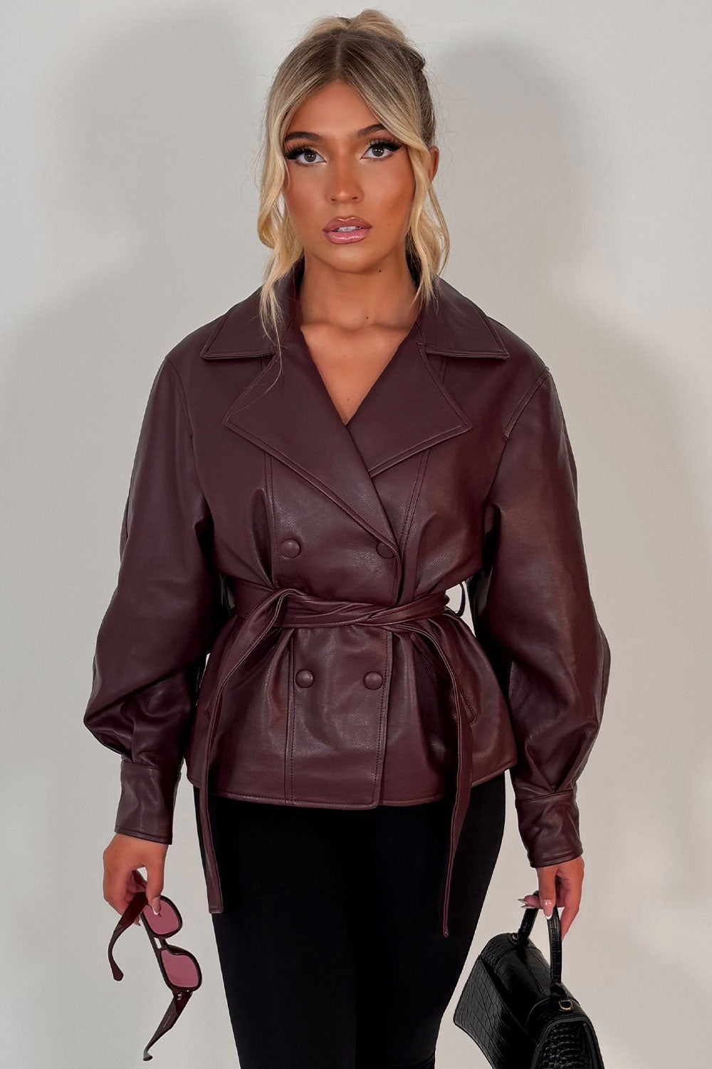 Leather Effect Jacket With Lapel Collar And Belt Burgundy