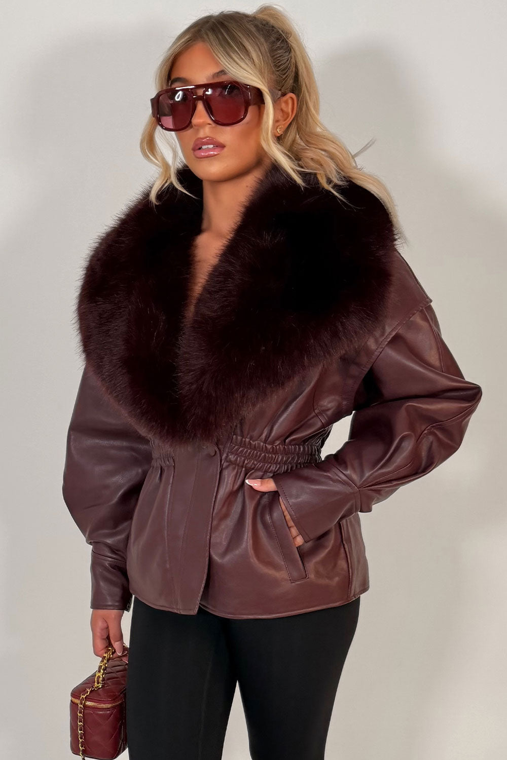 Burgundy Fur Collar Faux Leather Jacket With Cinched Waist