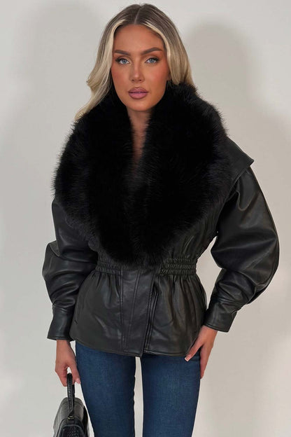 Black Fur Collar Faux Leather Jacket With Cinched Waist