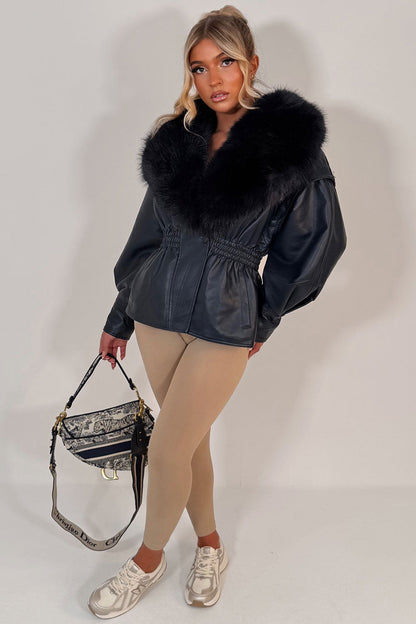 Navy Fur Collar Faux Leather Jacket With Cinched Waist