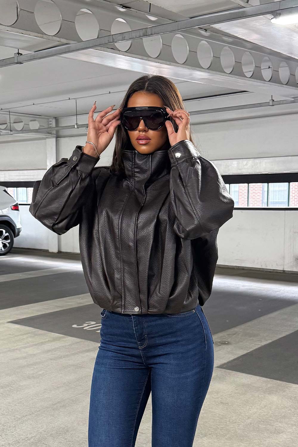 Brown Faux Leather Funnel Neck Bomber Jacket