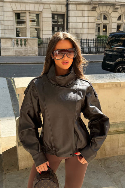 Faux Leather Funnel Neck Jacket Brown