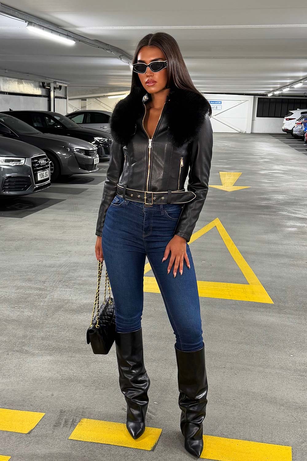 Black Faux Fur Collar Jacket In Faux Leather With Belt