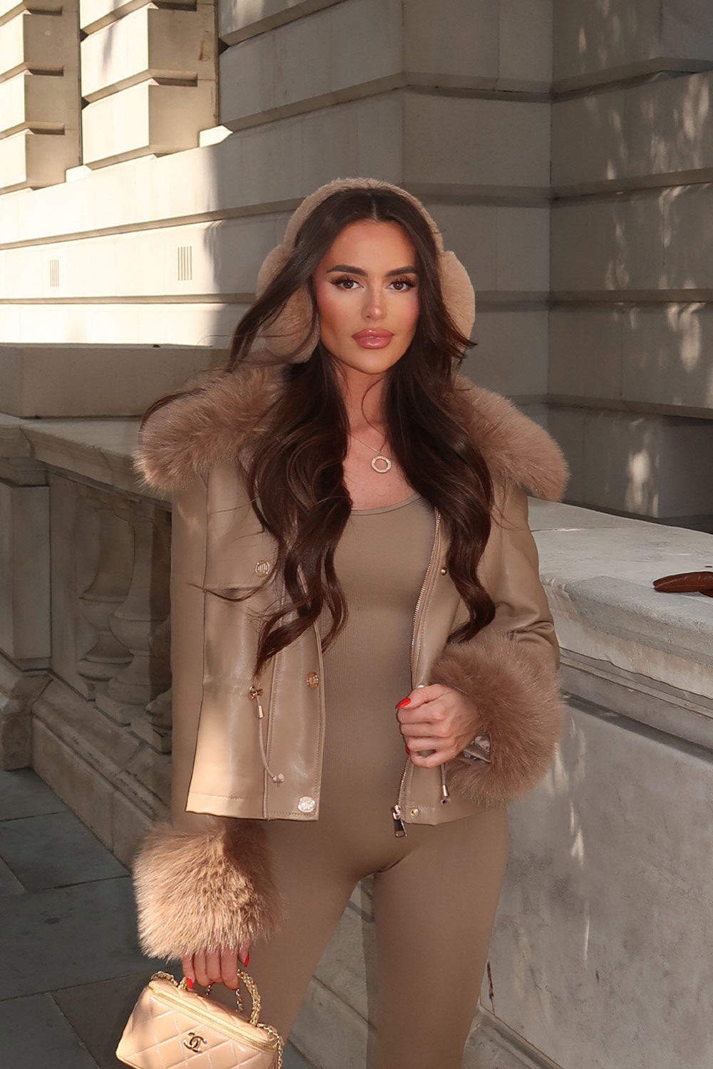 Taupe Faux Leather Jacket With Faux Fur Collar Cuff & Adjustable Waist