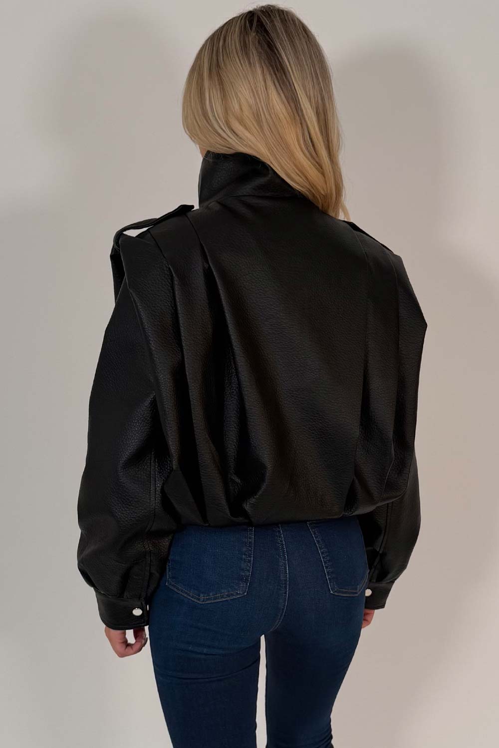 Black Faux Leather Funnel Neck Bomber Jacket