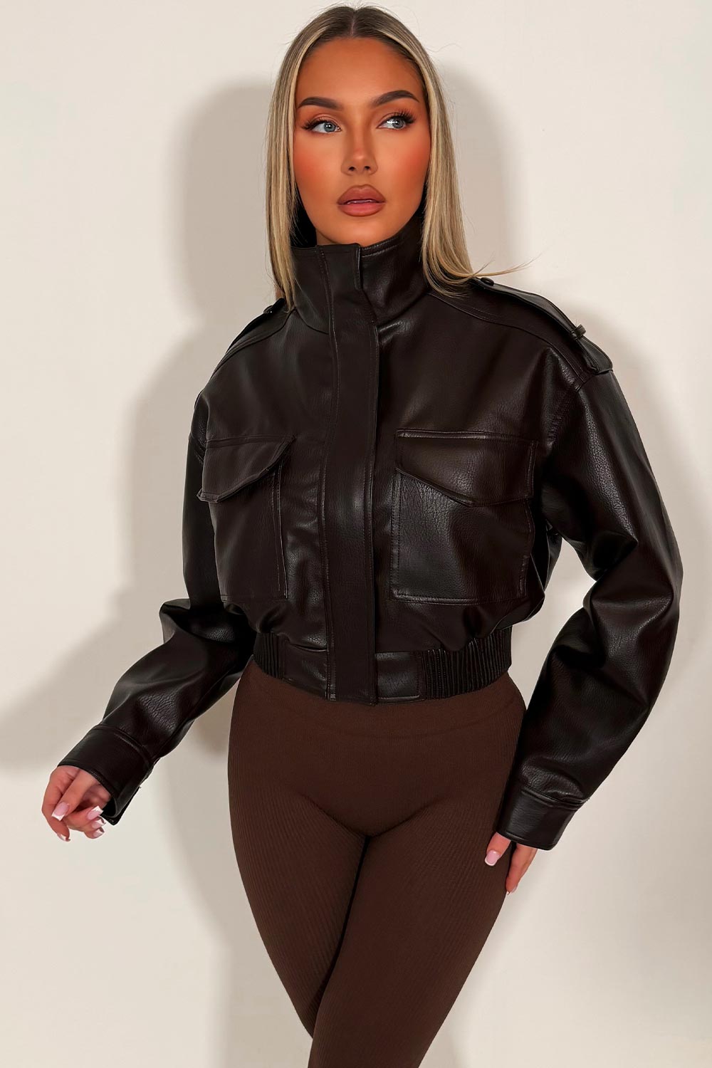 Faux Leather Jacket With Shoulder Tabs Brown