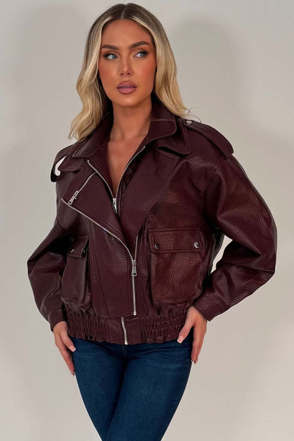 Burgundy Faux Leather Bomber Jacket With Double Collar