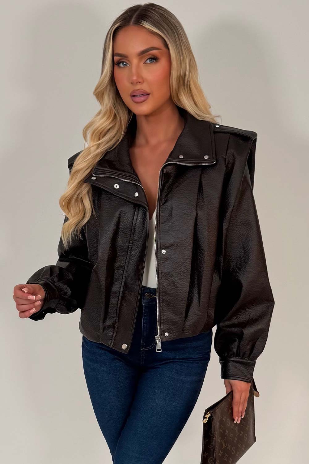 Brown Faux Leather Funnel Neck Bomber Jacket
