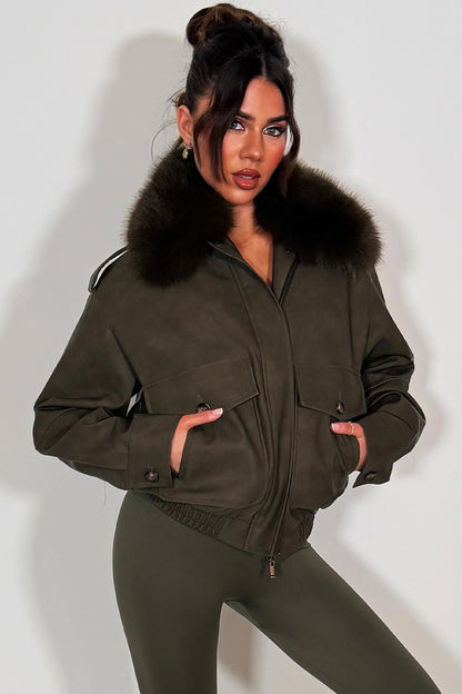 Faux Suede Faux Fur Collar Jacket Khaki