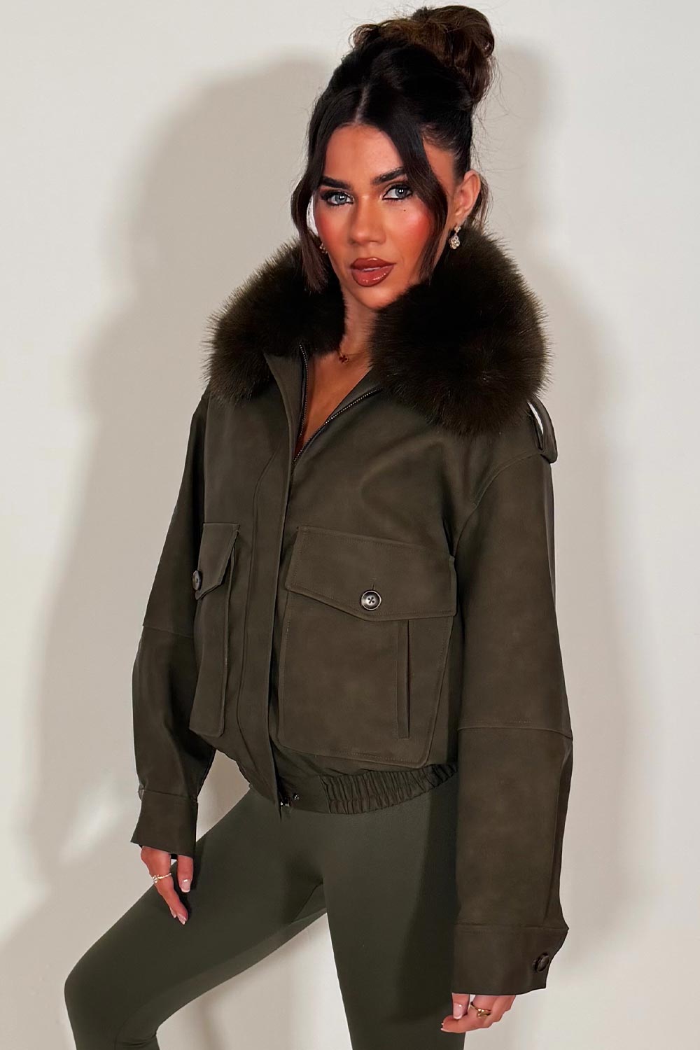Faux Suede Faux Fur Collar Jacket Khaki