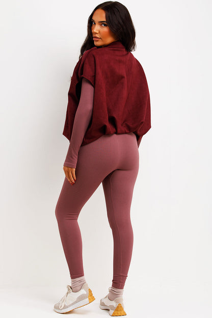 Faux Suede Crop Gilet With Tabs Burgundy