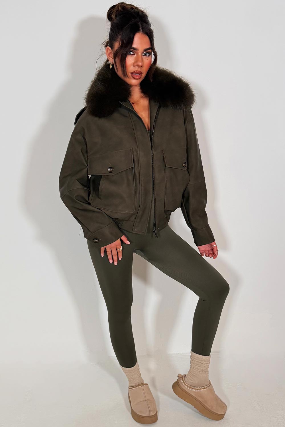 Faux Suede Faux Fur Collar Jacket Khaki