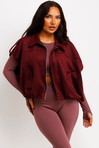 Faux Suede Crop Gilet With Tabs Burgundy