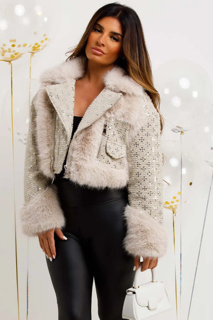 Crop Faux Fur Coat With Sequin Embellishment Beige