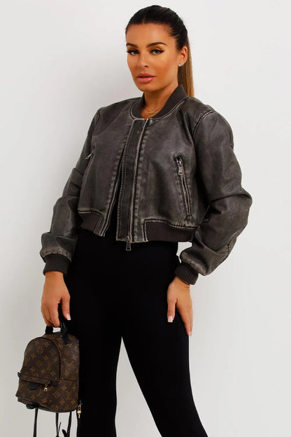Faux Leather Bomber Jacket Grey