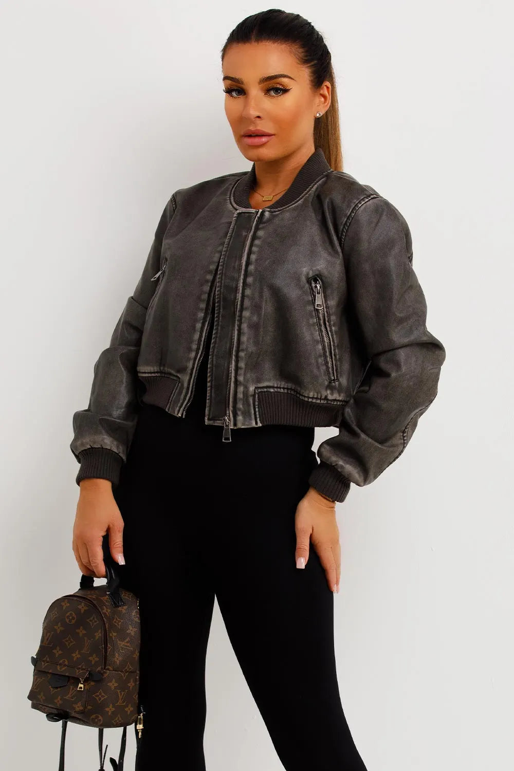 Faux Leather Bomber Jacket Grey