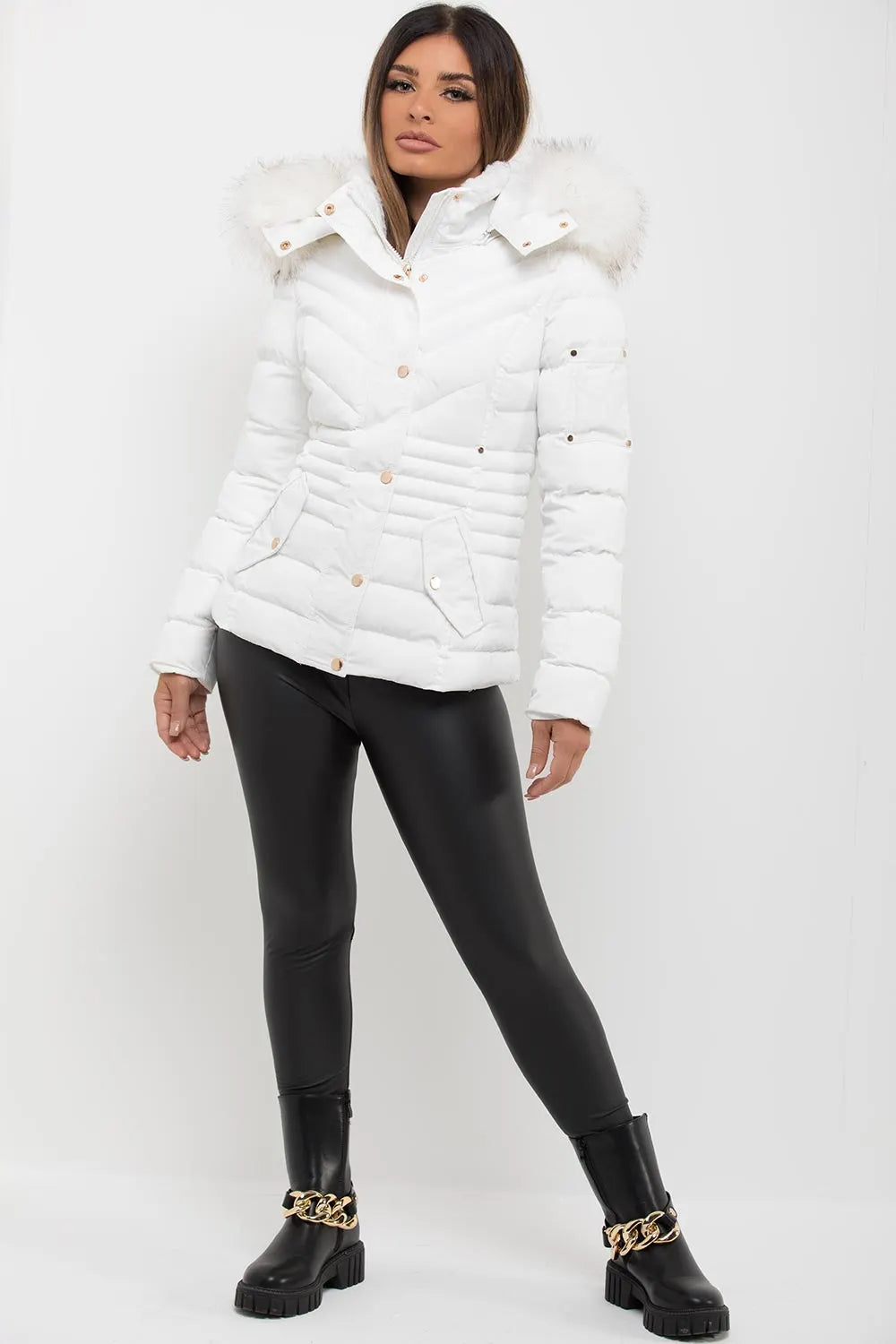 White Puffer Coat With Big Faux Fur Hood