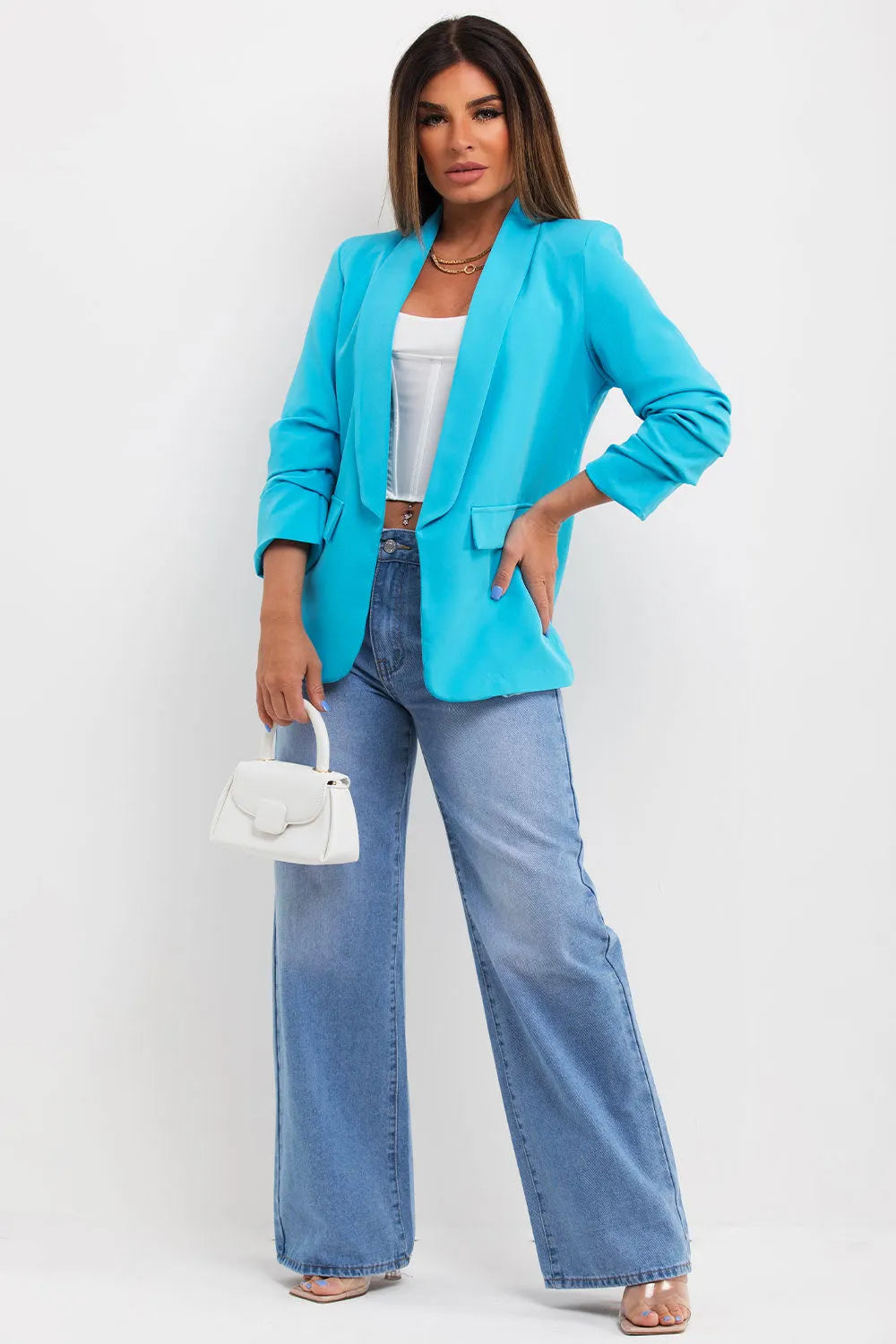Turquoise Ruched Sleeve Blazer